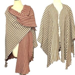 Italian Lines Knit Open Poncho Wool Blend Boho Wrap Shrug Gray Stripes O/S Italy